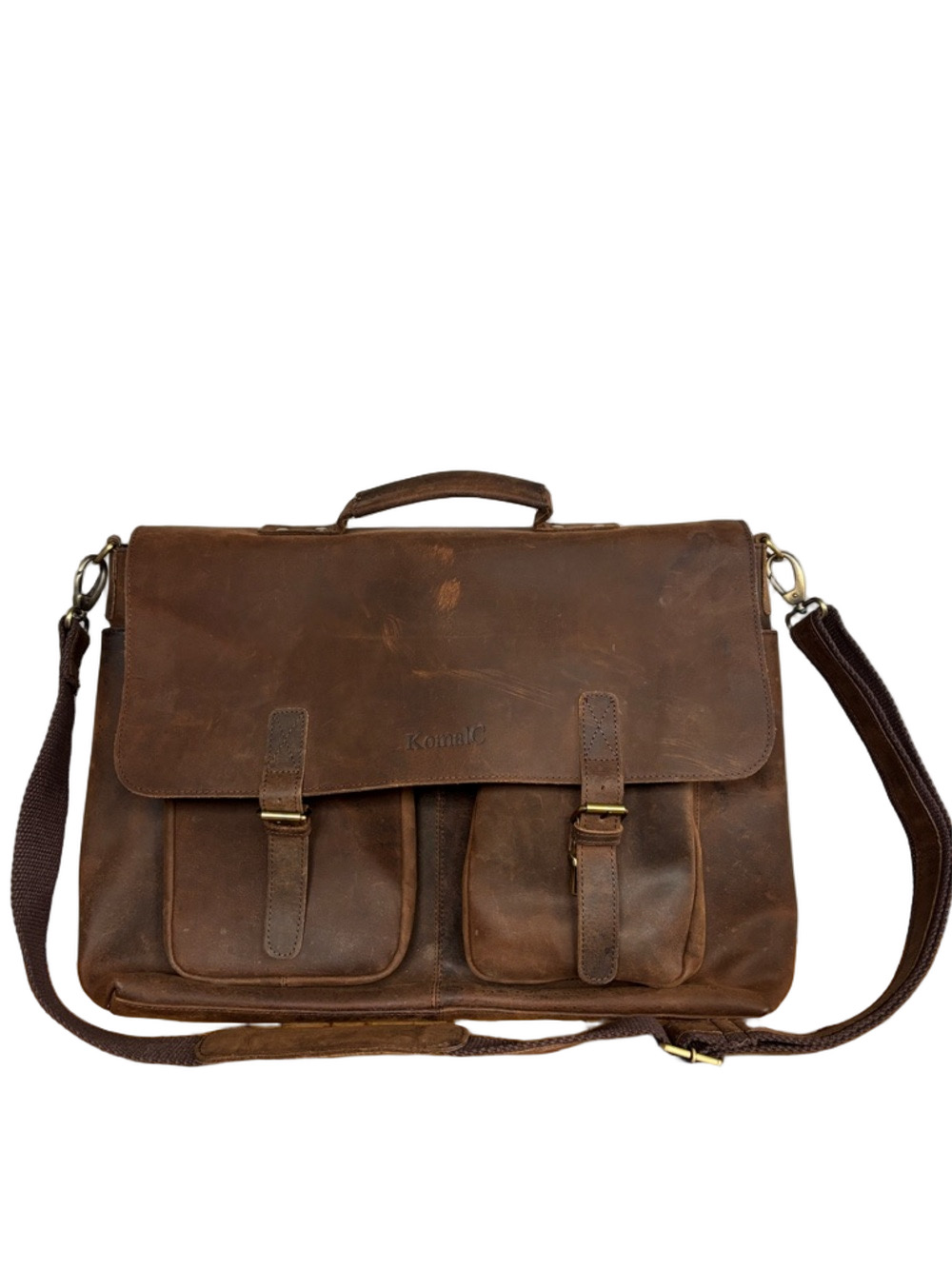 KomalC Vintage Distressed Leather Messenger Bag Brown Satchel Briefcase Academia